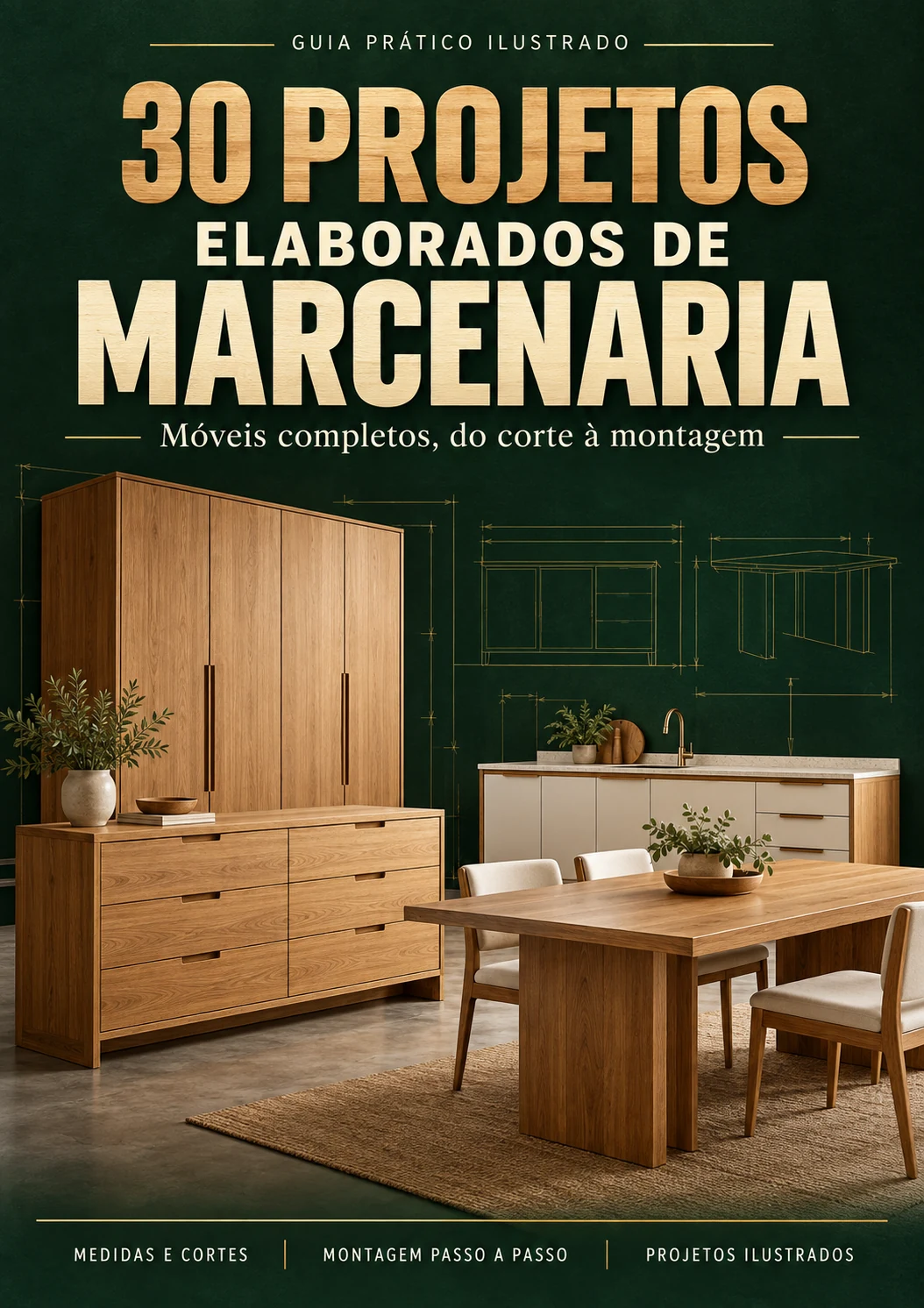 Capa do e-book 30 Projetos Elaborados de Marcenaria, com guarda-roupa, cômoda e mesa em madeira