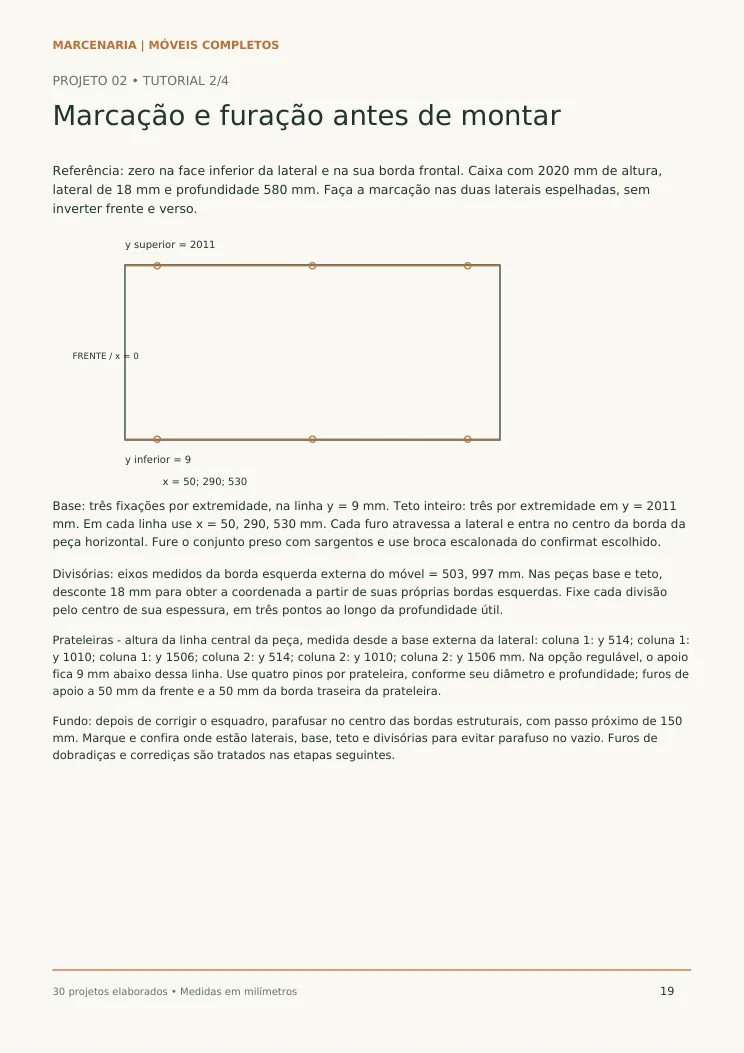 Página real com posições de furação, marcações e esquema de uma lateral